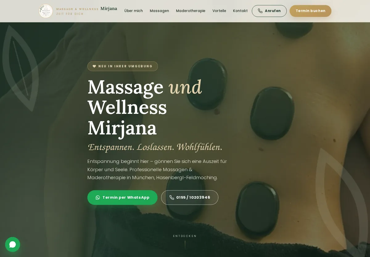 Mirjanas Startseite mit persönlicher Vorstellung, ruhiger grüner Farbgestaltung und dem Weg zur Terminanfrage.