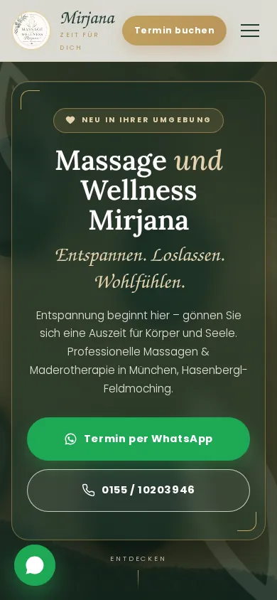 Mirjanas mobile Startseite mit Titel, Bild und Kontakt im Layout für einen schmalen Bildschirm.