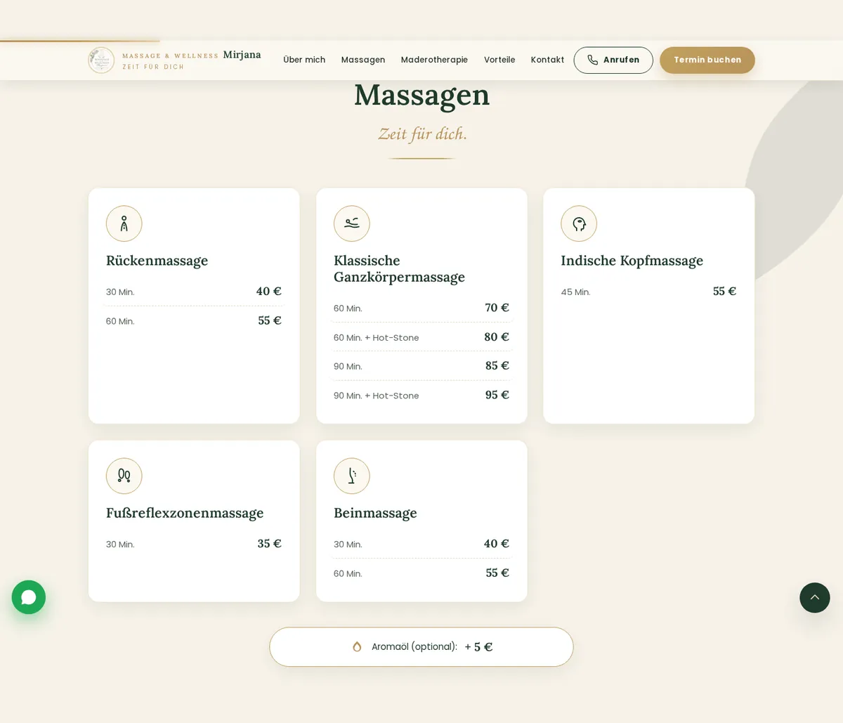 Massageangebote in einzelnen Bereichen mit Dauer und Preis bei jeder Variante.